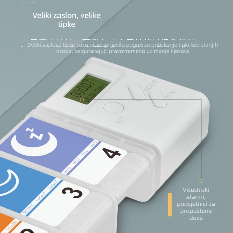 Nova plastična kutija za tablete s 4 pretincima, UV tisak, prijenosni dnevni organizator doza, mini putna kutija za lijekove