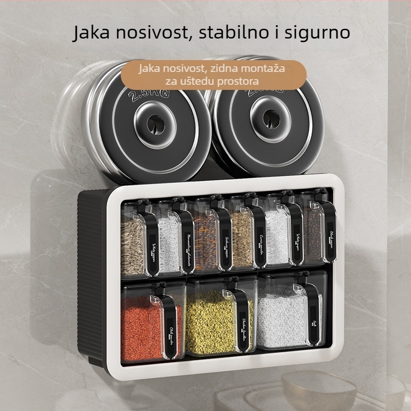 Višenamjenski kuhinjski zidni spremnik za začine, bez bušenja, integrirani spremnik s više odjeljaka i žlicom, zatvoren spremnik za pohranu