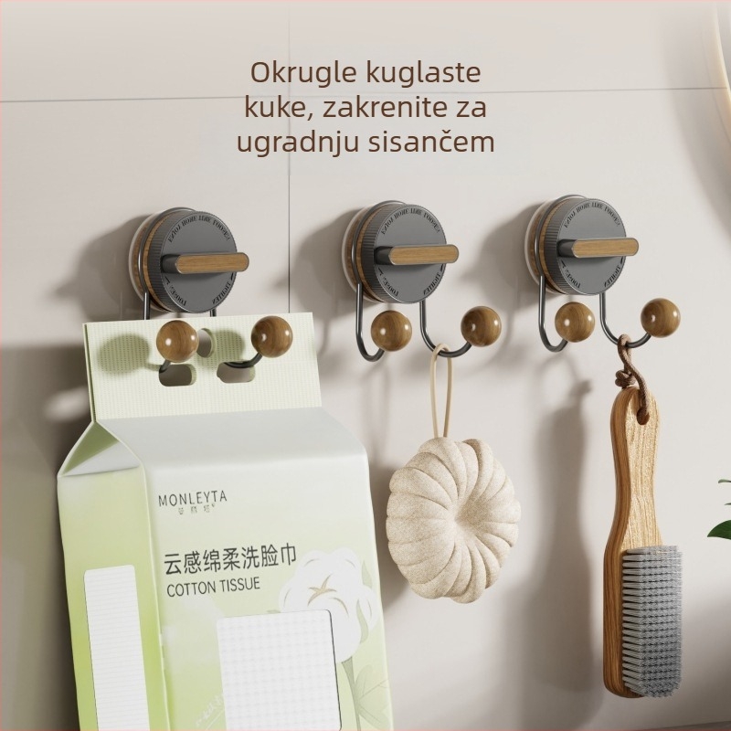 Kuka s vakuumom – nehrđajući čelik s drvenim uzorkom, dvostruka kuka, bez bušenja, za kuhinju i kupaonicu.