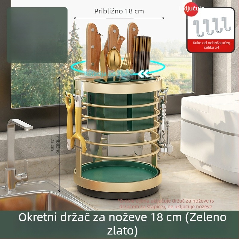 Okretni držač nože i višefunkcionalni kuhinjski organizator za noževe i posuđe
