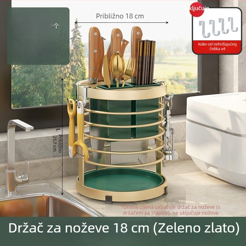 Okretni držač nože i višefunkcionalni kuhinjski organizator za noževe i posuđe