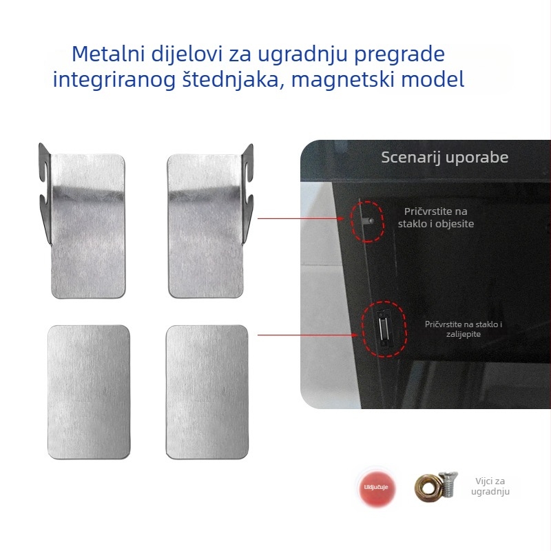 Set za montažu staklenog i metalnog nosača za integrirani napa, uključuje 7‑oblik okvir, stakleni držač, metalnu kopču i magnetski zatvarač