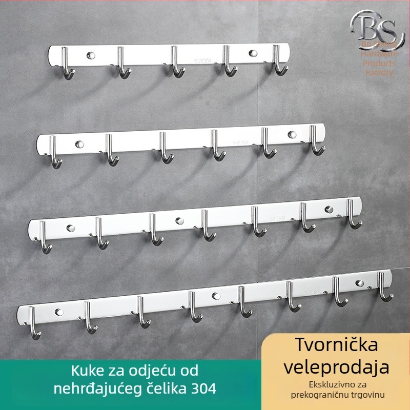 Nosač s kukama od nehrđajućeg čelika za zidnu montažu, kuhinja i kupaonica, 3–8 kukica, 304 nehrđajući čelik