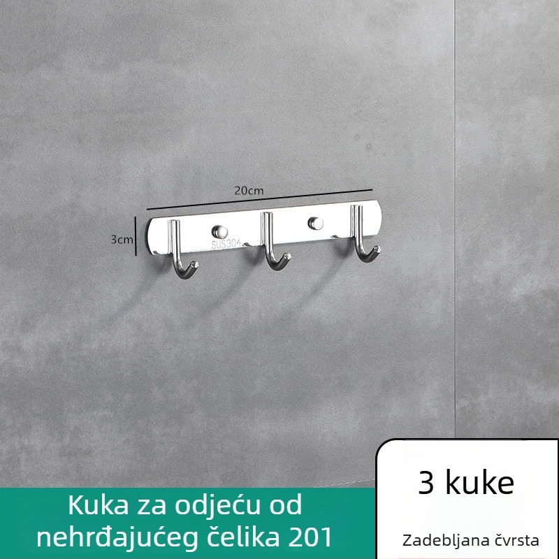 Nosač s kukama od nehrđajućeg čelika za zidnu montažu, kuhinja i kupaonica, 3–8 kukica, 304 nehrđajući čelik