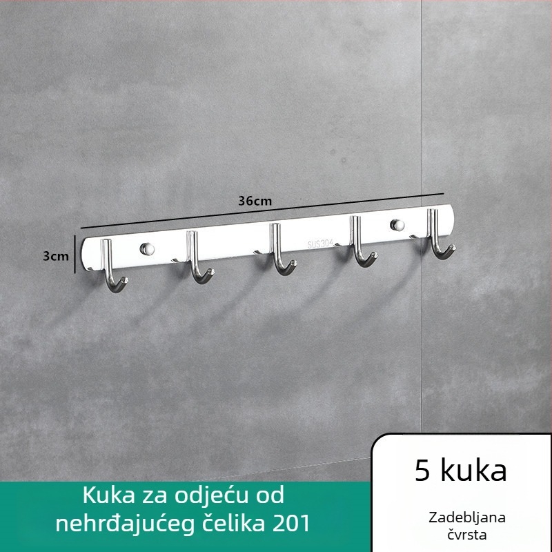 Nosač s kukama od nehrđajućeg čelika za zidnu montažu, kuhinja i kupaonica, 3–8 kukica, 304 nehrđajući čelik