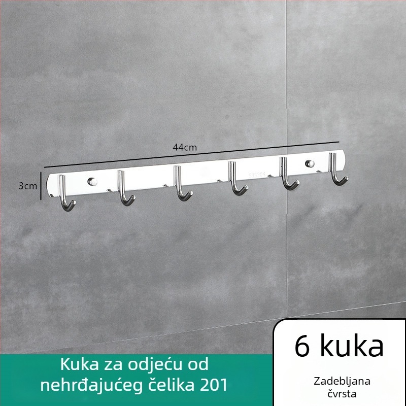 Nosač s kukama od nehrđajućeg čelika za zidnu montažu, kuhinja i kupaonica, 3–8 kukica, 304 nehrđajući čelik