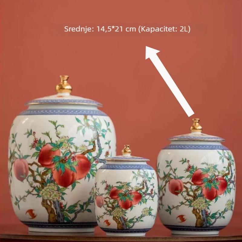 Pastelna keramička posuda za čaj s motivom Devet breskvi i Pet blagoslova, veliki format, zlatni detalji, zapečaćena