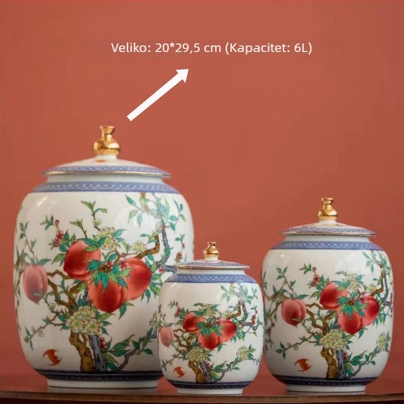 Pastelna keramička posuda za čaj s motivom Devet breskvi i Pet blagoslova, veliki format, zlatni detalji, zapečaćena