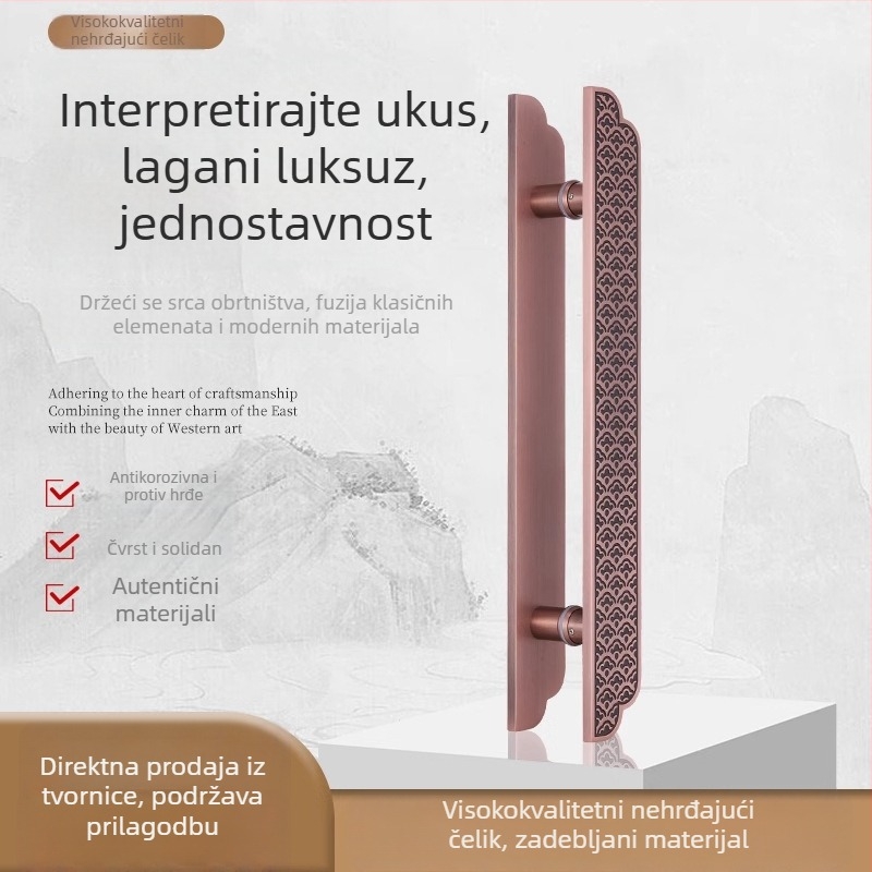 Kvaka za vrata od antičkog bakra za staklena vrata – push-pull kvaka za hotelska masivna vrata s ugraviranim detaljima