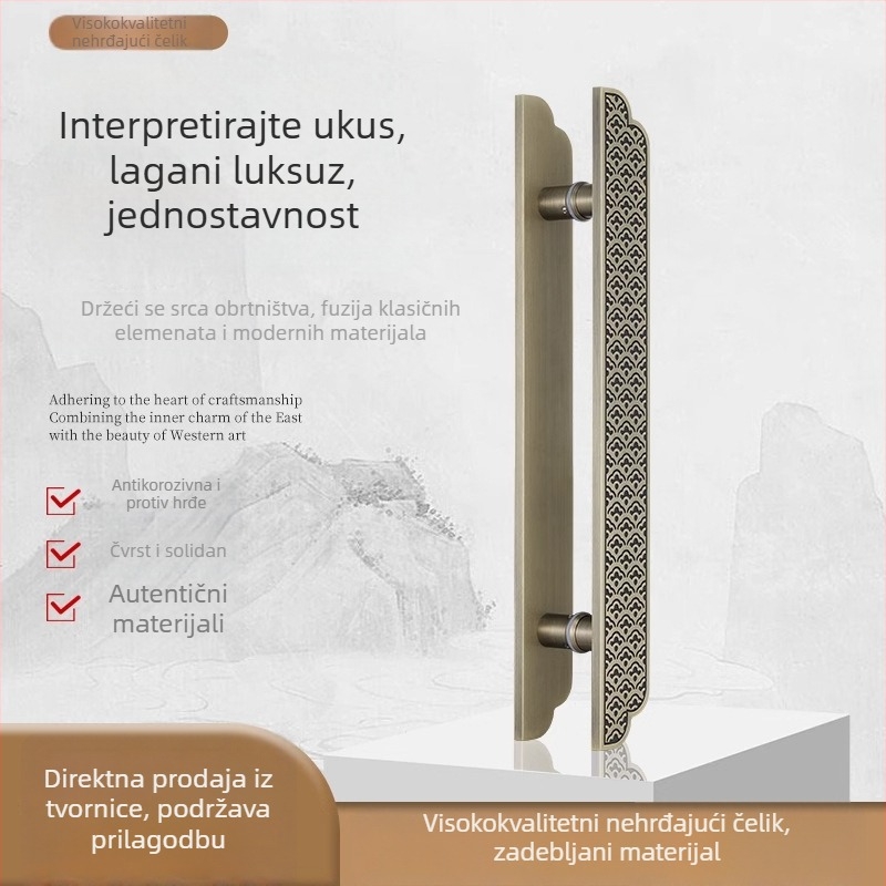 Kvaka za vrata od antičkog bakra za staklena vrata – push-pull kvaka za hotelska masivna vrata s ugraviranim detaljima