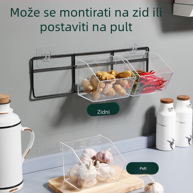 Zidni držač od akrilata za češnjak, đumbir i luk — prozirna kuhinjska organizacijska košarica