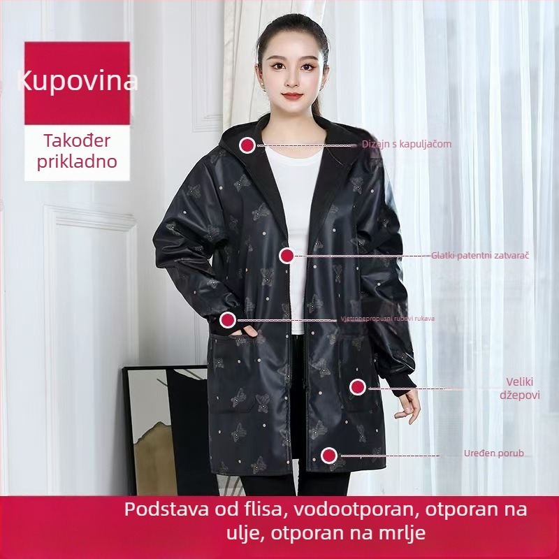 Odrasla ženska vodootporna kuhinjska pregača s dugim rukavima i flis podstavom, otporna na ulje i mrlje