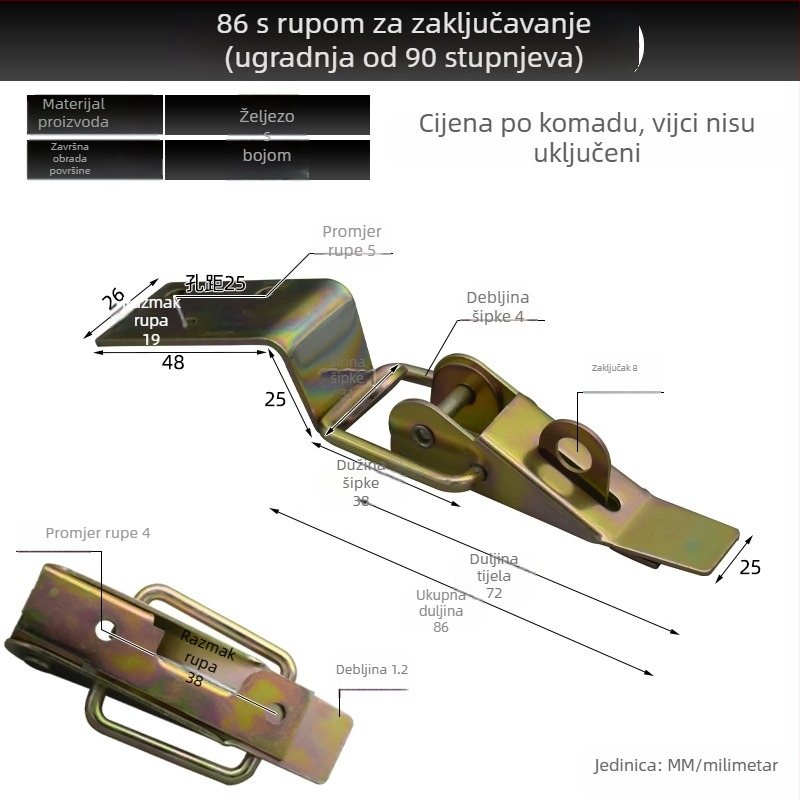 Težak kutija brava s bojom cinkom premazom, 90° kuka i pravokutna kuka, plosnata kopča za industrijske transportne kutije