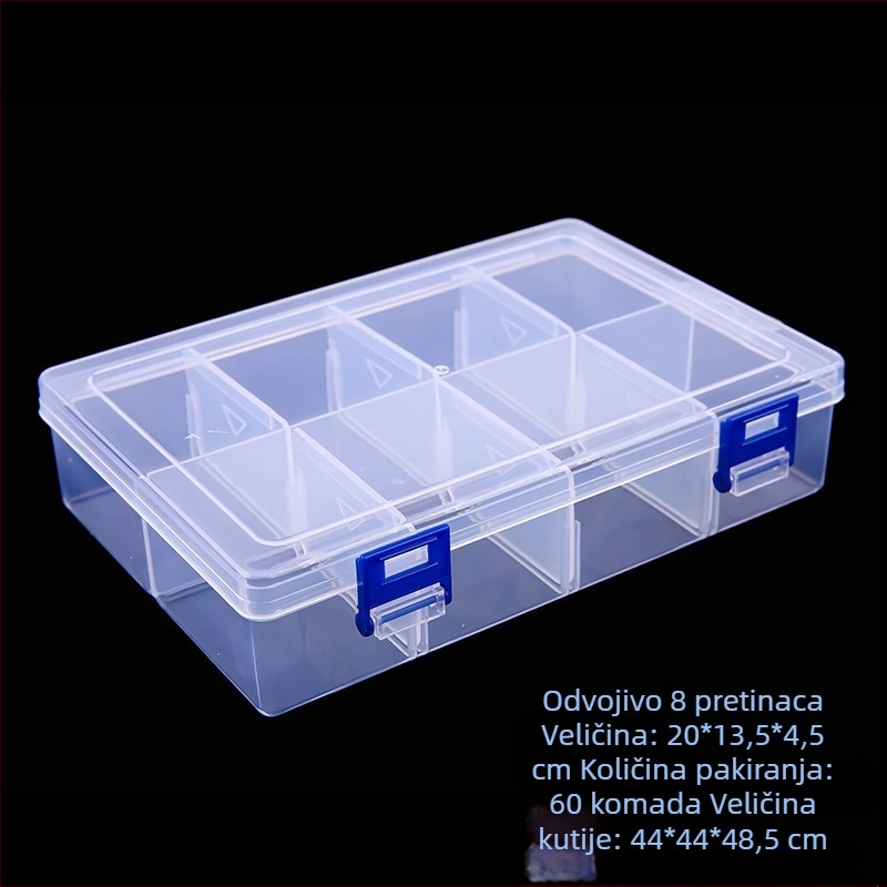Otklopiva prozirna kutija s 8 pretinaca od PP plastike, za alate, ribolovnu opremu, uredski materijal, manikuru i nakit, s poklopcem