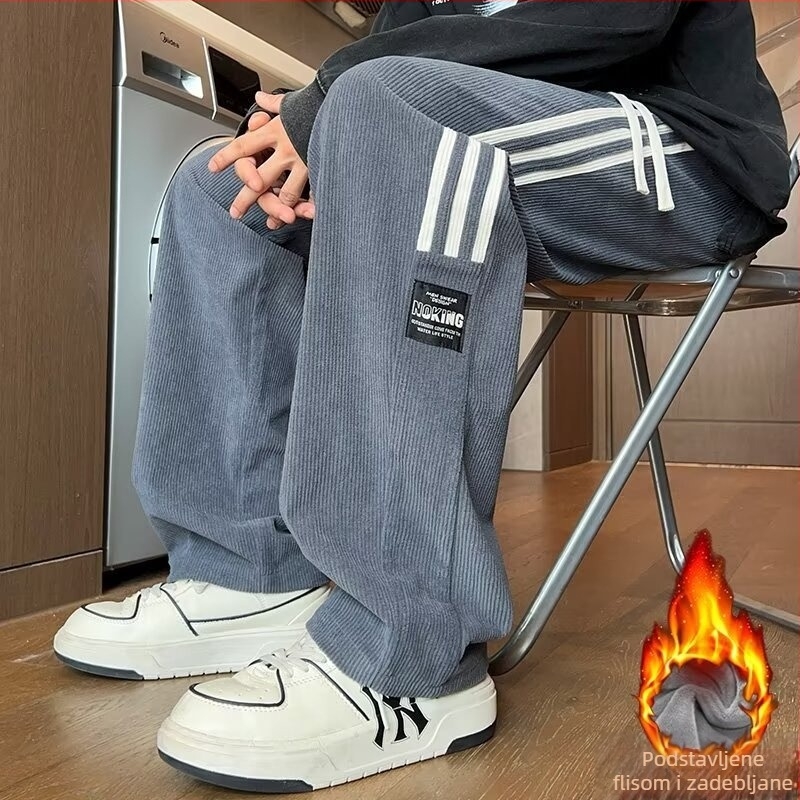 Muške sportske hlače s fleecem iznutra, tri pruge, opuštena silueta, plus veličina, jesen-zima, američki street stil, ravnog kroja, casual.