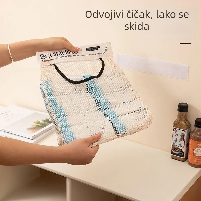 Zidni organizator vrećica za kuhinju, velika kapaciteta, mrežasta torba s Velcro zatvaračem