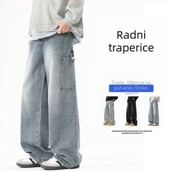 Muške traperice od denima s visokim strukom, široke nogavice, straight kroj, vintage izgreban dizajn, casual nošenje