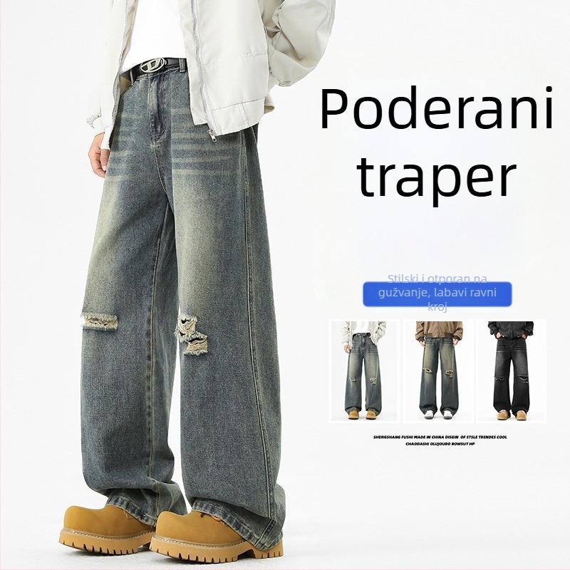 Muške traperice od denima s visokim strukom, široke nogavice, straight kroj, vintage izgreban dizajn, casual nošenje