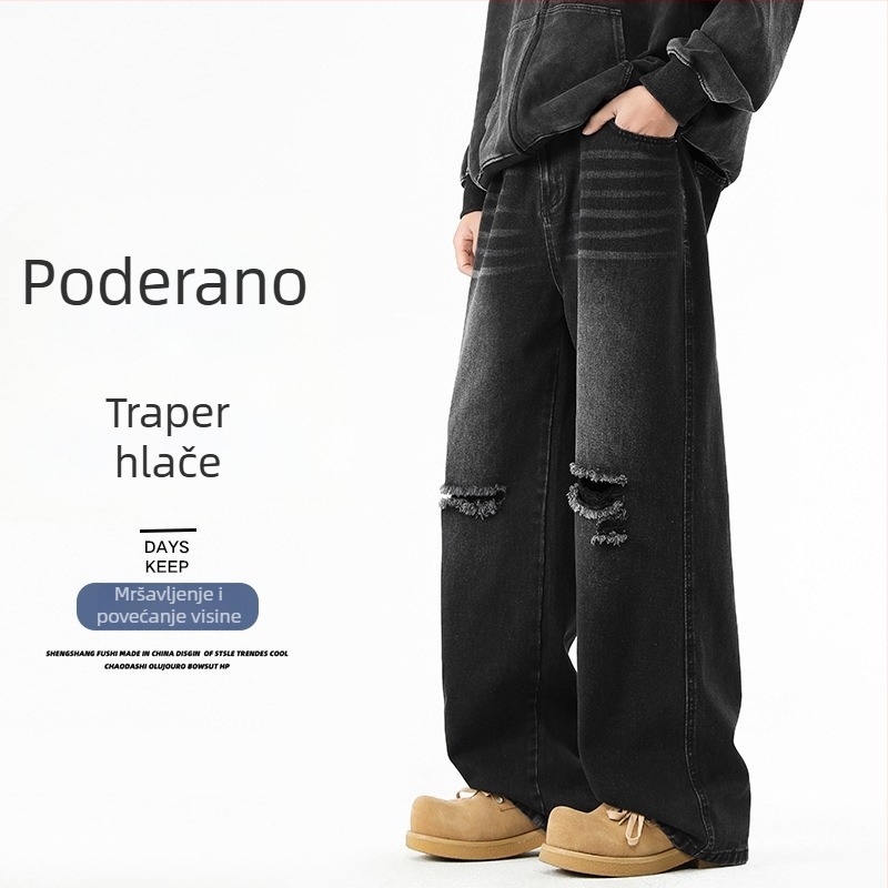 Muške traperice od denima s visokim strukom, široke nogavice, straight kroj, vintage izgreban dizajn, casual nošenje