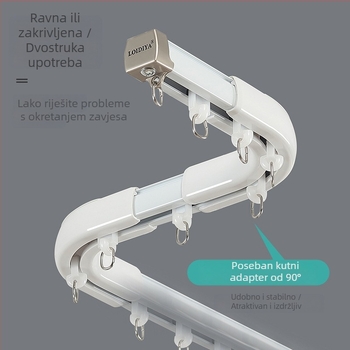 Ekstra debela vodilica za zavjese od aluminijskog legura, tiho klizanje, zakrivljena i dvostruka vodilica, gornja montaža i bočne montažne komponente za zavjesu
