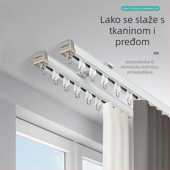 Ekstra debela vodilica za zavjese od aluminijskog legura, tiho klizanje, zakrivljena i dvostruka vodilica, gornja montaža i bočne montažne komponente za zavjesu
