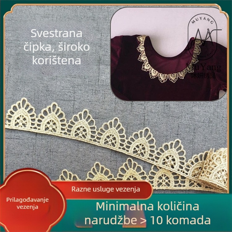 Zlatna čipka s prozračnim uzorkom za DIY projekte – dekorativni trakovi za zavjese, odjeću i stolnjake