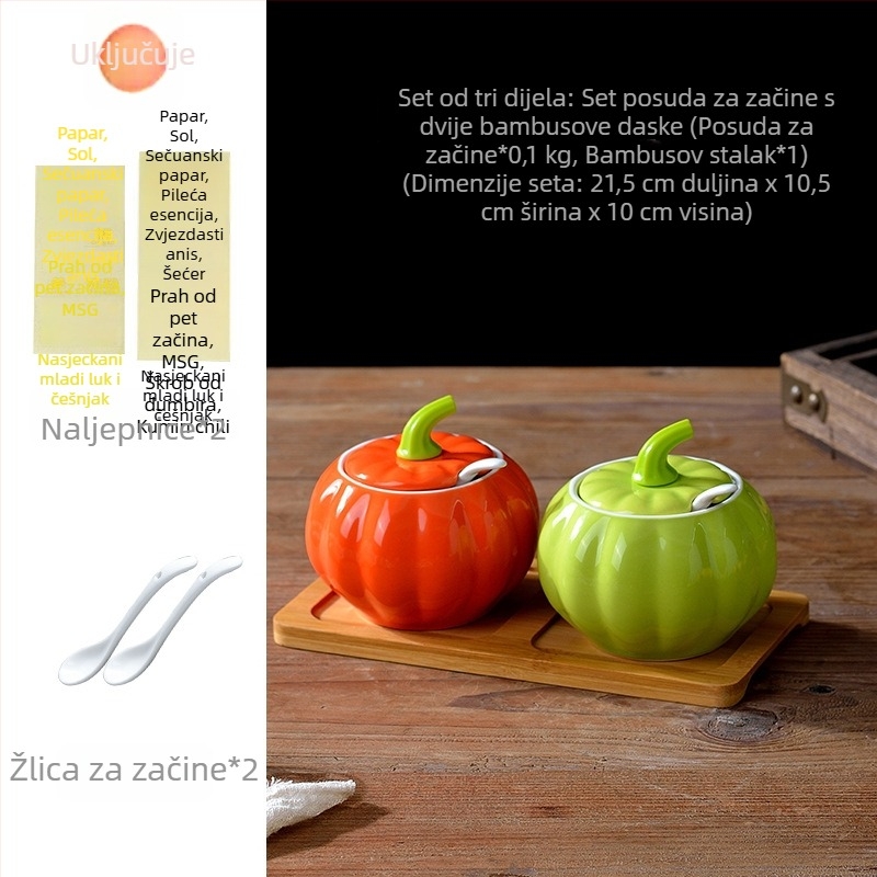 Set keramičkih posuda za začine s poklopcima: posuda za MSG, posuda za sol, posuda za šećer i posuda za chilli ulje s motivom trobojne tikve