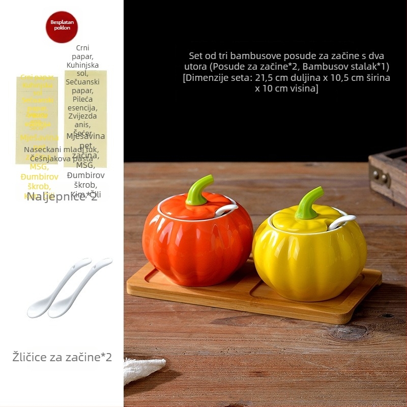Set keramičkih posuda za začine s poklopcima: posuda za MSG, posuda za sol, posuda za šećer i posuda za chilli ulje s motivom trobojne tikve