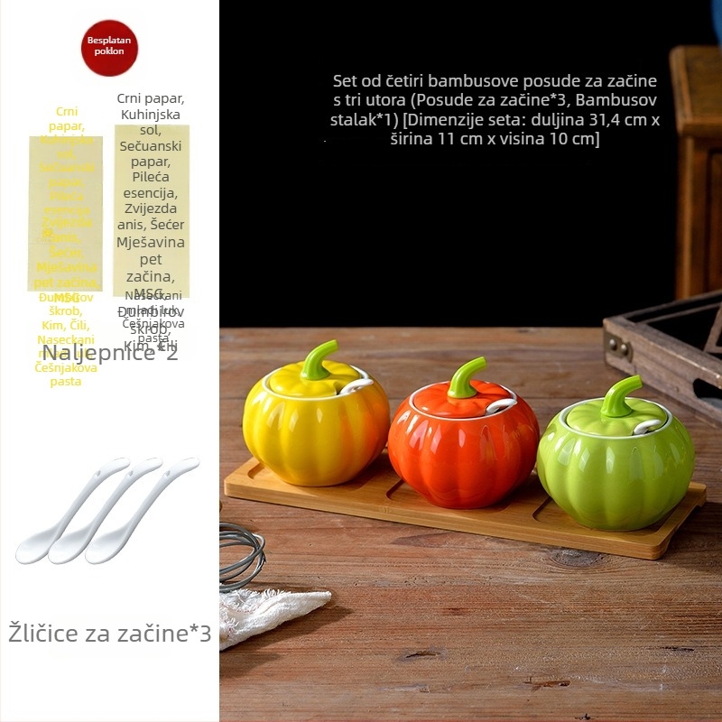 Set keramičkih posuda za začine s poklopcima: posuda za MSG, posuda za sol, posuda za šećer i posuda za chilli ulje s motivom trobojne tikve