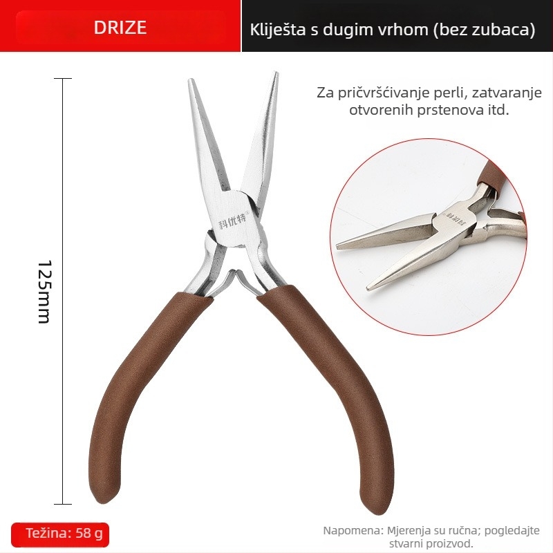 Klešta od ugljičnog čelika za izradu nakita: klešta s oštrim vrhom, klešta s okruglim vrhom, zakrivljene klešta, rezne klešta i klešta za namatanje žice DIY.