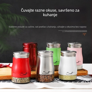 Staklena posuda za začine sa soli, kimom i paprom – za barbecue restorane