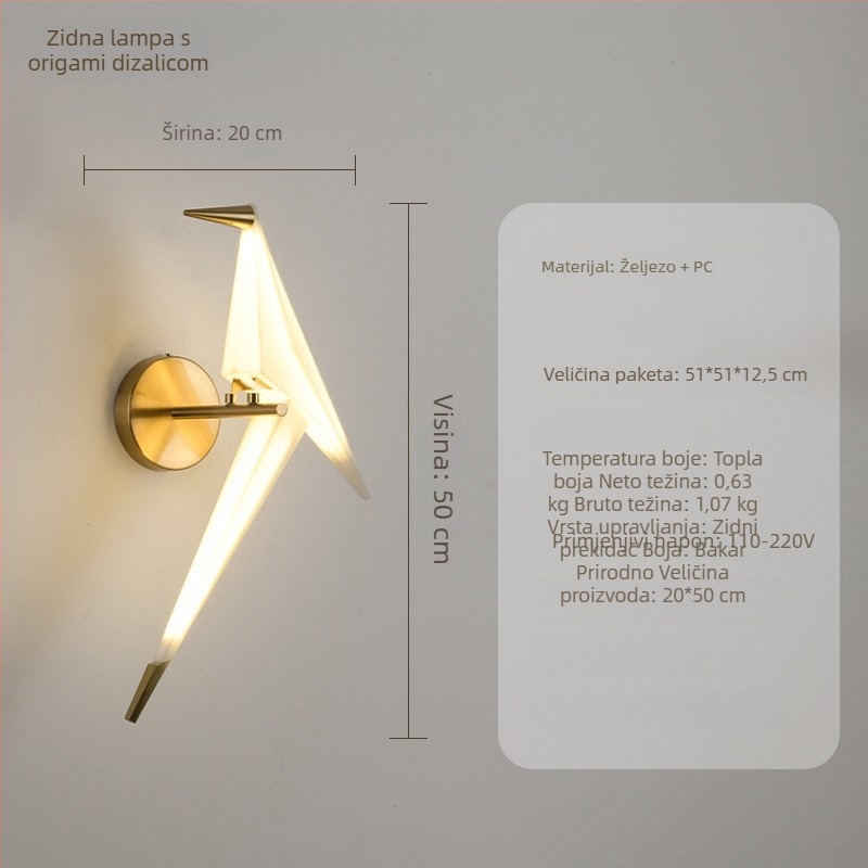 Zidna svjetiljka s origami ždralom – elegantno moderno LED osvjetljenje za spavaću sobu, hodnik i dnevni boravak