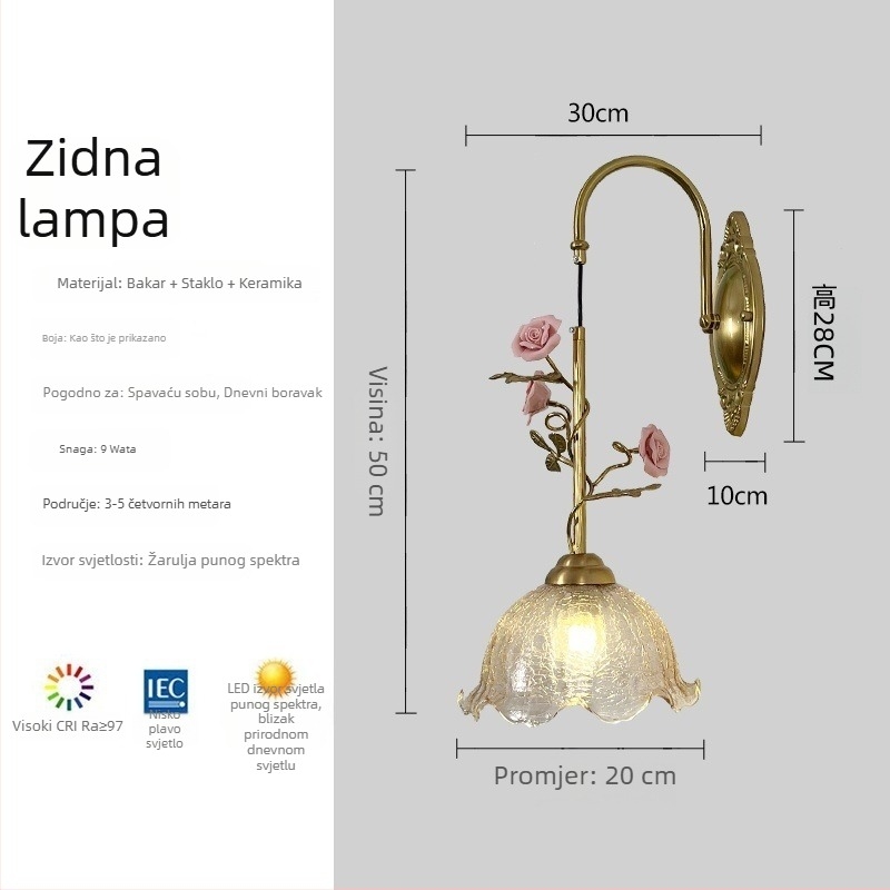 Francuski pastoralni stil – zidna svjetiljka s motívom ruže za dnevni boravak i spavaću sobu