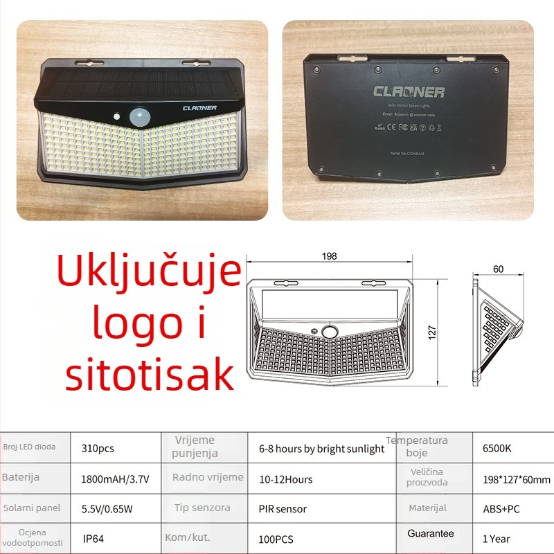 Solarna vanjska zidna svjetiljka s trostrukim osvjetljenjem, IP64 vodootporna, bez ožičenja, senzor, model Hsg-t18b