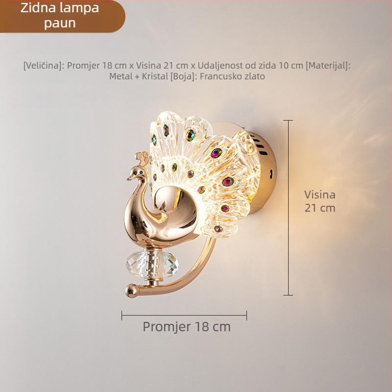 Zidna svjetiljka s motivom pauna, LED, pogodna za spavaću sobu i dnevni boravak, acrilni abažur, aluminijsko tijelo, luksuzan stil