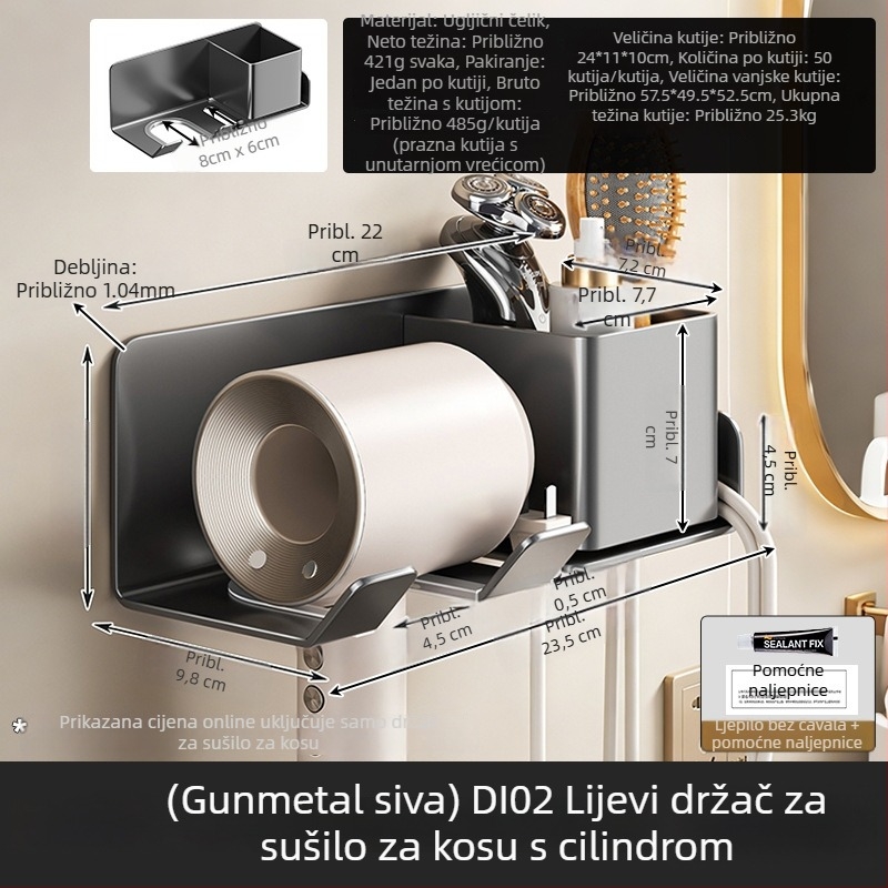 Zidni višestruki organizator kupaonice: držač za sušilo za kosu i kutija za papir, bez bušenja