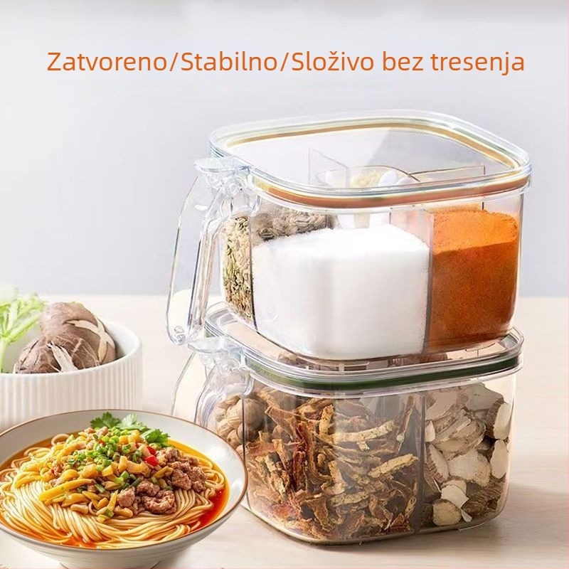 Stakleni set posuda za začine s višestrukim pretincima i zatvorenim solnicom