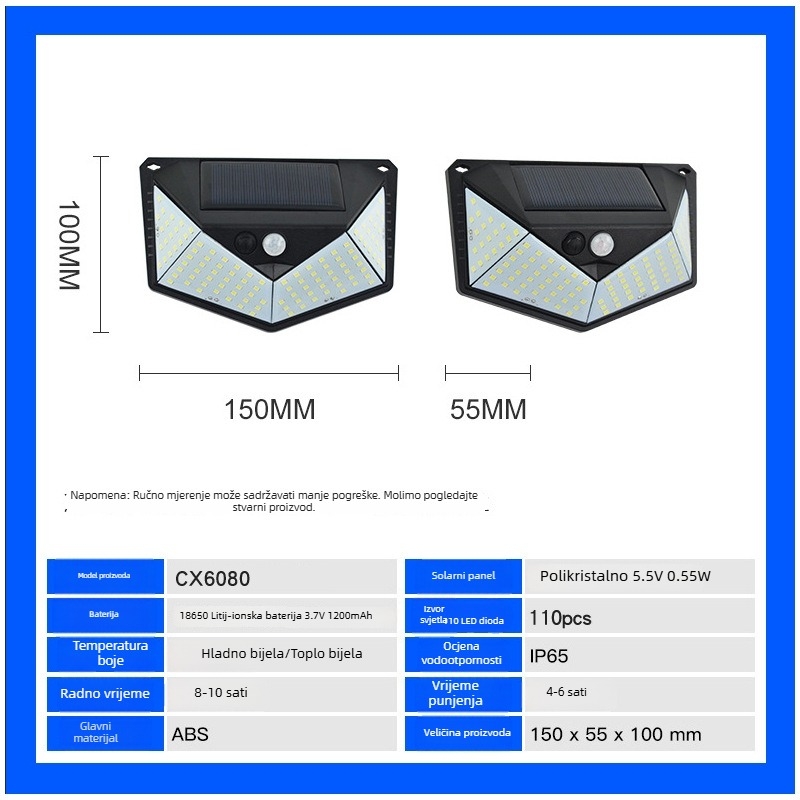 3 načina LED solarna zidna svjetiljka s senzorem pokreta, 110 LED, IP65 vodootporna, za vanjski dvorište i hodnik