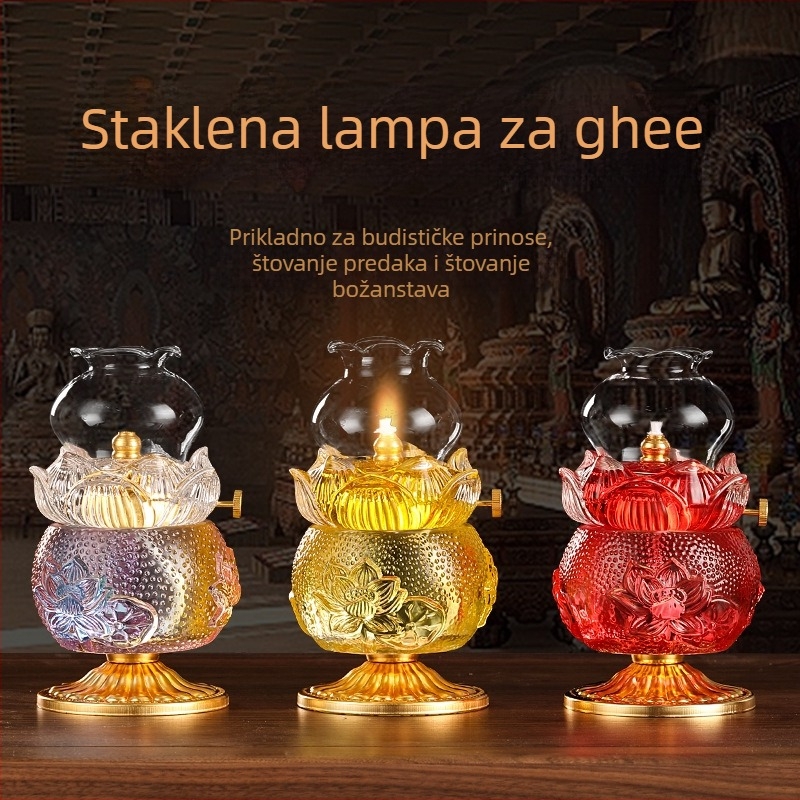 Staklena uljna lampica za kućno štovanje – otporna na vjetar, podesiva, dugotrajna, lotos Bodhisattva lampa