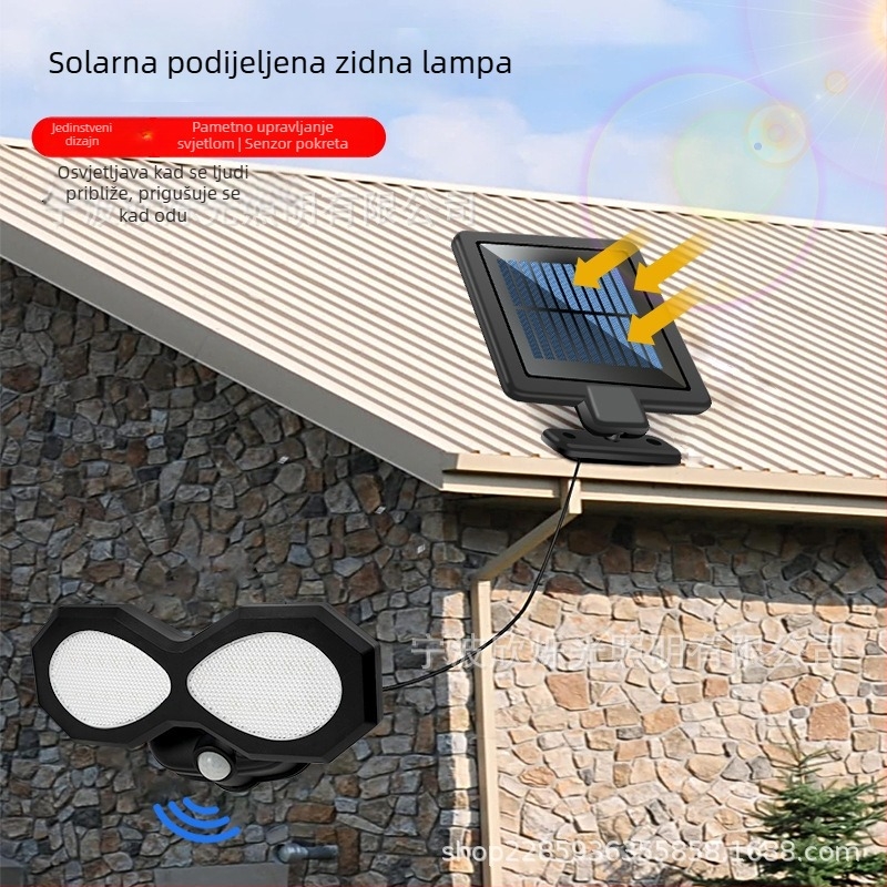 Solarna vanjska zidna svjetiljka s podijeljenim dizajnom, senzorom pokreta i inteligentnim upravljanjem svjetlom