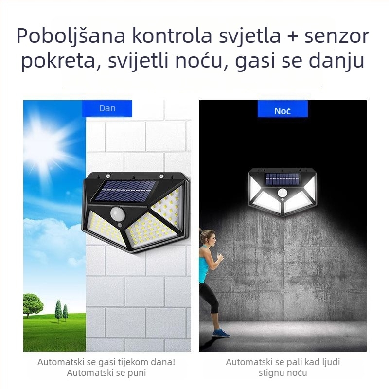Solarna zidna lampa za vrt, vanjska vodootporna LED s senzorom pokreta i automatskim osvjetljenjem