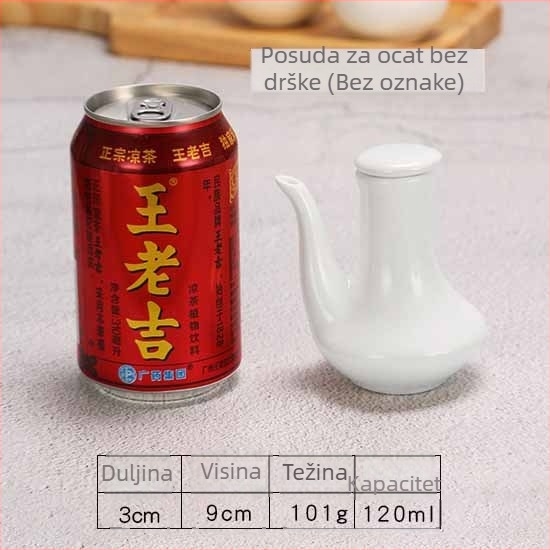 Bijeli keramički set: posude za umak, ocat i ulje; posuda za sojin umak; boca i staklenka za začine