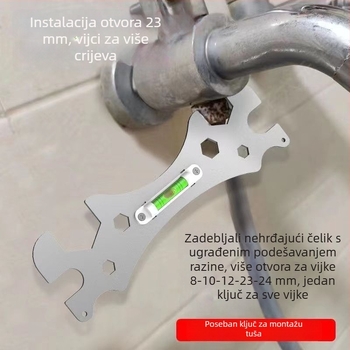 Ključ otvorenog kraja za kupaonicu, nivo za tuš, debeli šestougaoni ključ i nivela s zakrivljenom nogom