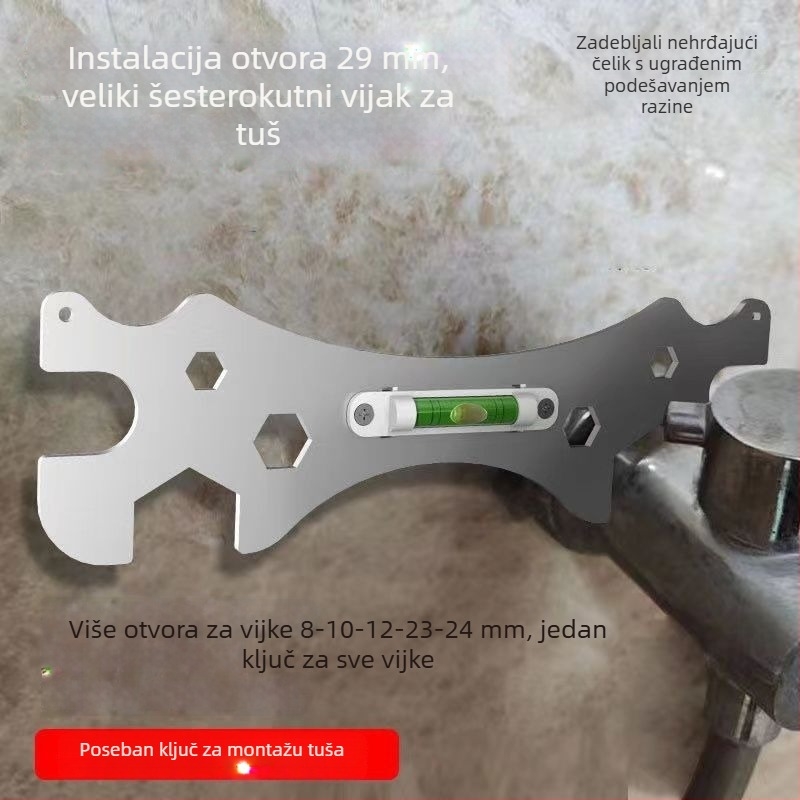 Ključ otvorenog kraja za kupaonicu, nivo za tuš, debeli šestougaoni ključ i nivela s zakrivljenom nogom