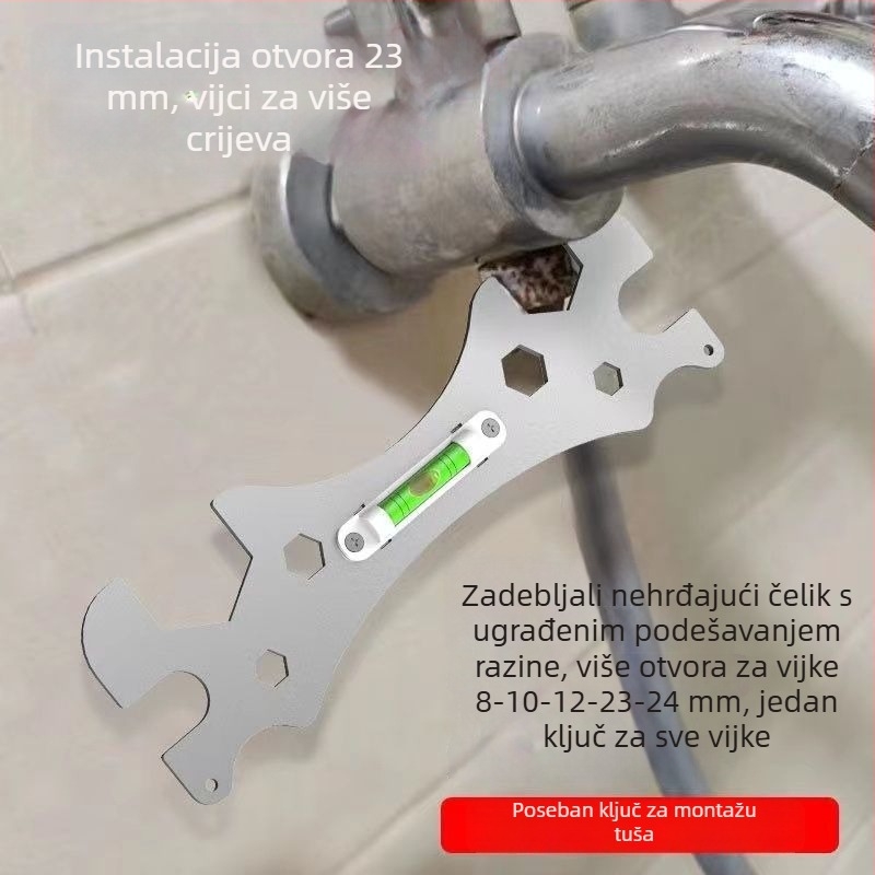 Ključ otvorenog kraja za kupaonicu, nivo za tuš, debeli šestougaoni ključ i nivela s zakrivljenom nogom