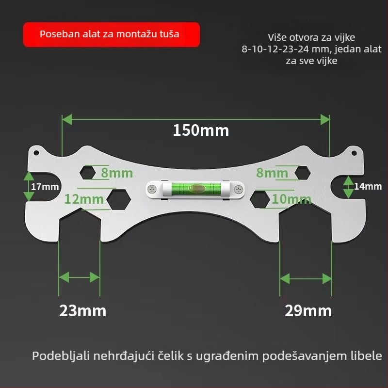 Ključ otvorenog kraja za kupaonicu, nivo za tuš, debeli šestougaoni ključ i nivela s zakrivljenom nogom