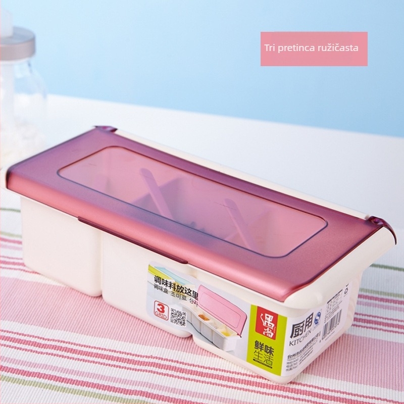 Set plastičnih posuda za začine s poklopcem za preklapanje, 3 odjeljka, solnička s žličicom