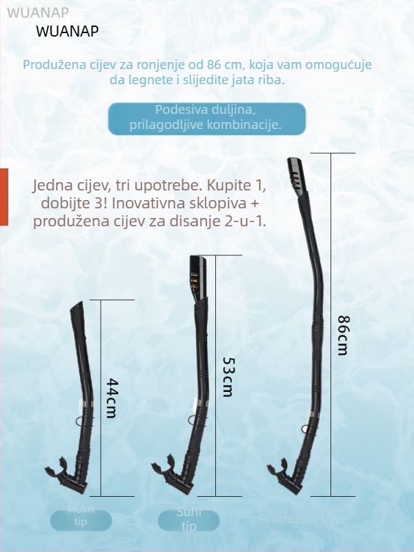 Dugački suhi šnorkl sa silikonovim cijevima – dvostruka namjena, potpuno suh / polusuhi