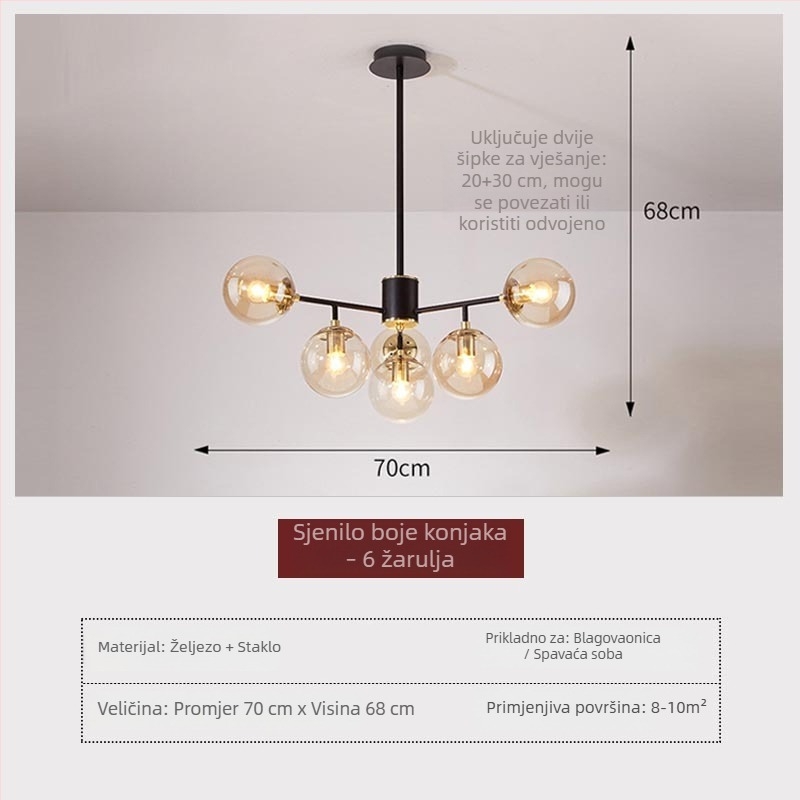 Bobasti oblik lustera u skandinavskom stilu, moderni minimalistički dizajn sa staklenim sjenilom, za dnevni boravak, blagovaonicu i spavaću sobu