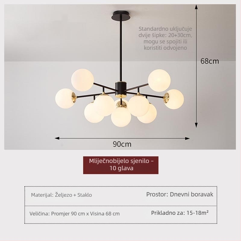 Bobasti oblik lustera u skandinavskom stilu, moderni minimalistički dizajn sa staklenim sjenilom, za dnevni boravak, blagovaonicu i spavaću sobu